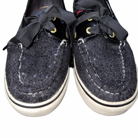 Sperry Black Sparkly Sequin Docksider Boat Deck Shoes sz 7 - Picture 2 of 7